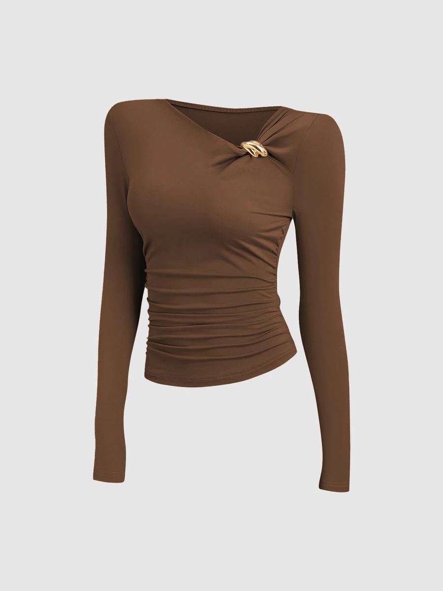 Sweetra Vintage American Design Asymmetric Shoulder T-Shirt, Slim Fit Stylish Women Tee For Autumn - Brown - View 1