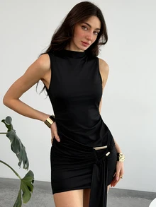 Aloruh Women's Chic Black And Gold Ruffle Tie Sleeveless Fitted Mini Dress Summer Club Night Out Outfits Boho Sexy Tropical Beach Halloween Clothes - Black - View 5