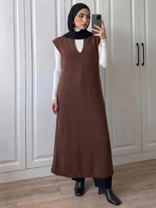 Elenzga Gaun Sweater Panjang Tanpa Lengan Warna Polos untuk Wanita - Coffee Brown - View 6