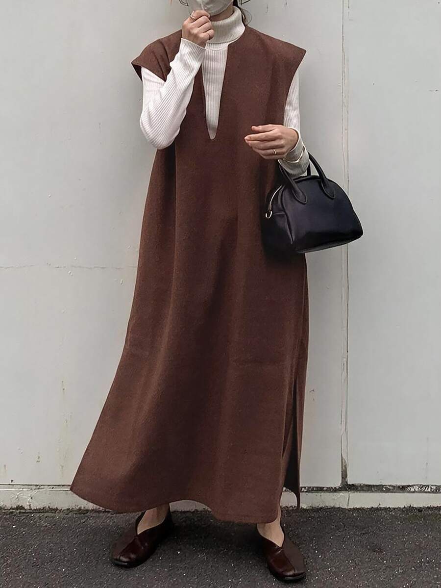 Elenzga Gaun Sweater Panjang Tanpa Lengan Warna Polos untuk Wanita - Coffee Brown - View 1