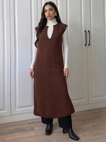 Elenzga Gaun Sweater Panjang Tanpa Lengan Warna Polos untuk Wanita - Coffee Brown - View 4