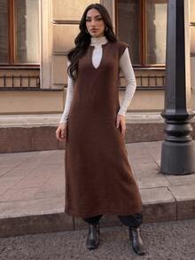 Elenzga Gaun Sweater Panjang Tanpa Lengan Warna Polos untuk Wanita - Coffee Brown - View 5