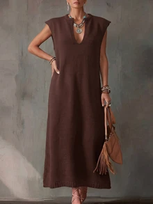 Elenzga Gaun Sweater Panjang Tanpa Lengan Warna Polos untuk Wanita - Coffee Brown - View 3
