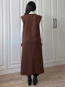 Elenzga Gaun Sweater Panjang Tanpa Lengan Warna Polos untuk Wanita - Coffee Brown - View 2