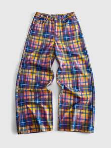 ROMWE MEN Men's Plaid Loose Fit Denim Jeans - Multicolor - View 2