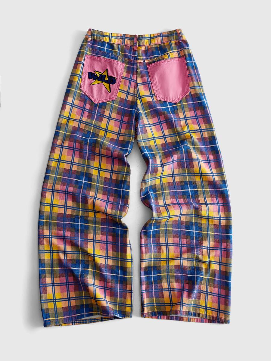 ROMWE MEN Men's Plaid Loose Fit Denim Jeans - Multicolor - View 1