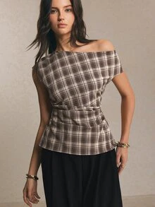 Poéselle Women's Plaid Asymmetric Shoulder Ruched Fashion Casual Top - Brown - View 6