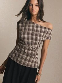 Poéselle Women's Plaid Asymmetric Shoulder Ruched Fashion Casual Top - Brown - View 8