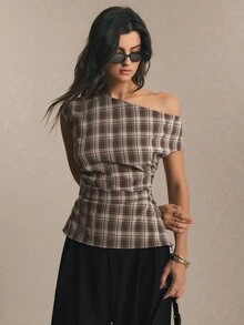 Poéselle Women's Plaid Asymmetric Shoulder Ruched Fashion Casual Top - Brown - View 7