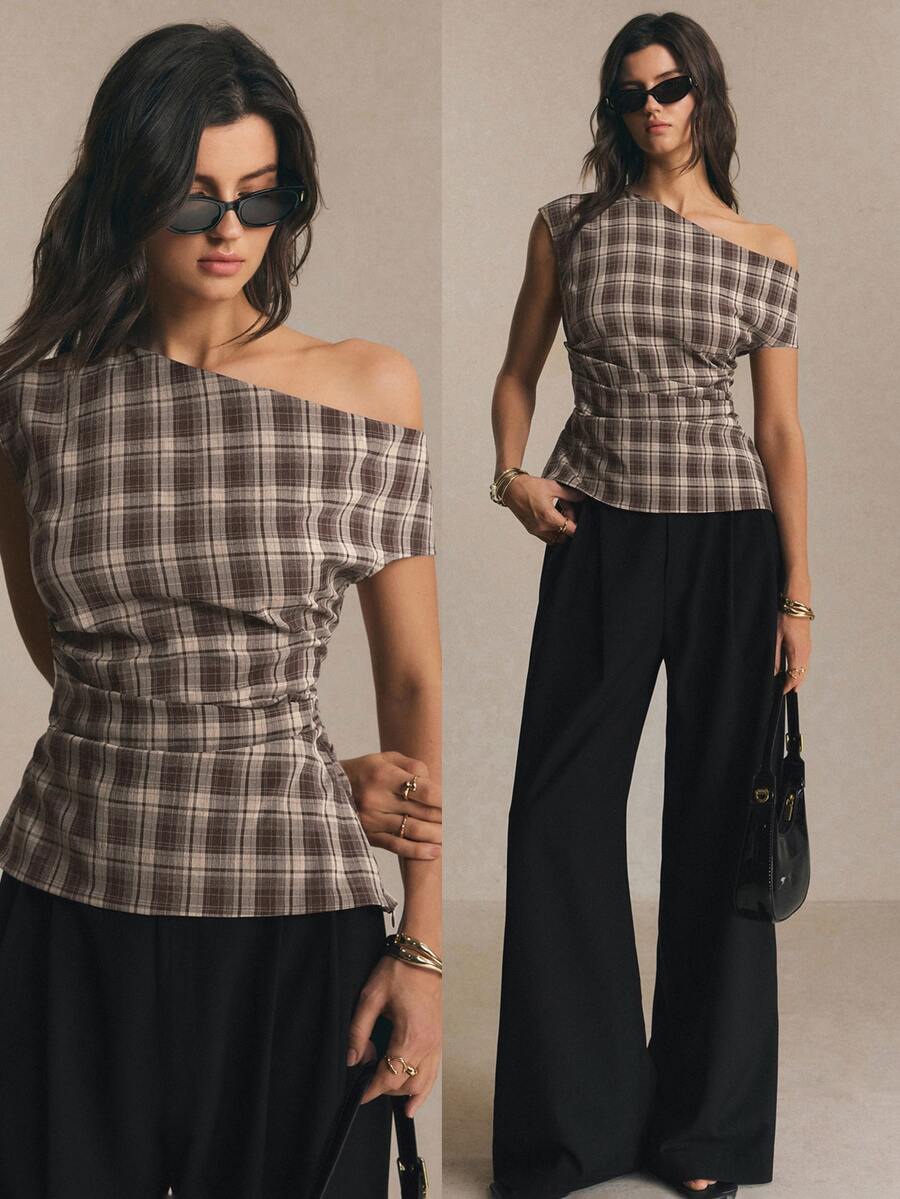 Poéselle Women's Plaid Asymmetric Shoulder Ruched Fashion Casual Top - Brown - View 1