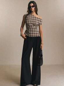 Poéselle Women's Plaid Asymmetric Shoulder Ruched Fashion Casual Top - Brown - View 3