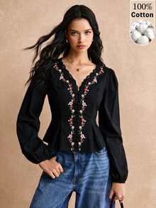 Poéselle 女款V領蕾絲拼接花卉印花休閒百搭襯衫 - 黑色 - 查看 3