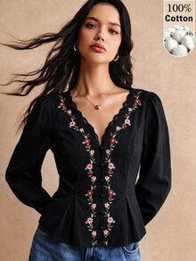 Poéselle 女款V領蕾絲拼接花卉印花休閒百搭襯衫 - 黑色 - 查看 1
