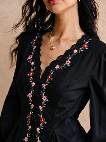 Poéselle 女款V領蕾絲拼接花卉印花休閒百搭襯衫 - 黑色 - 查看 6