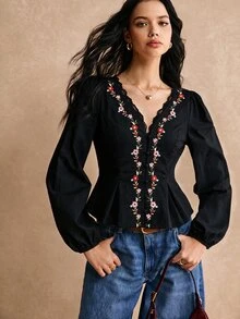 Poéselle 女款V領蕾絲拼接花卉印花休閒百搭襯衫 - 黑色 - 查看 5