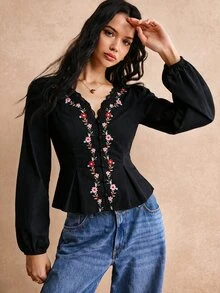 Poéselle 女款V領蕾絲拼接花卉印花休閒百搭襯衫 - 黑色 - 查看 4