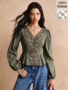 Poéselle 女款優雅通勤花卉刺繡收腰襯衫 - 軍綠色 - 查看 5