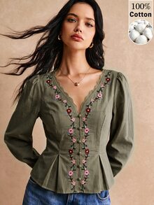 Poéselle 女款優雅通勤花卉刺繡收腰襯衫 - 軍綠色 - 查看 1