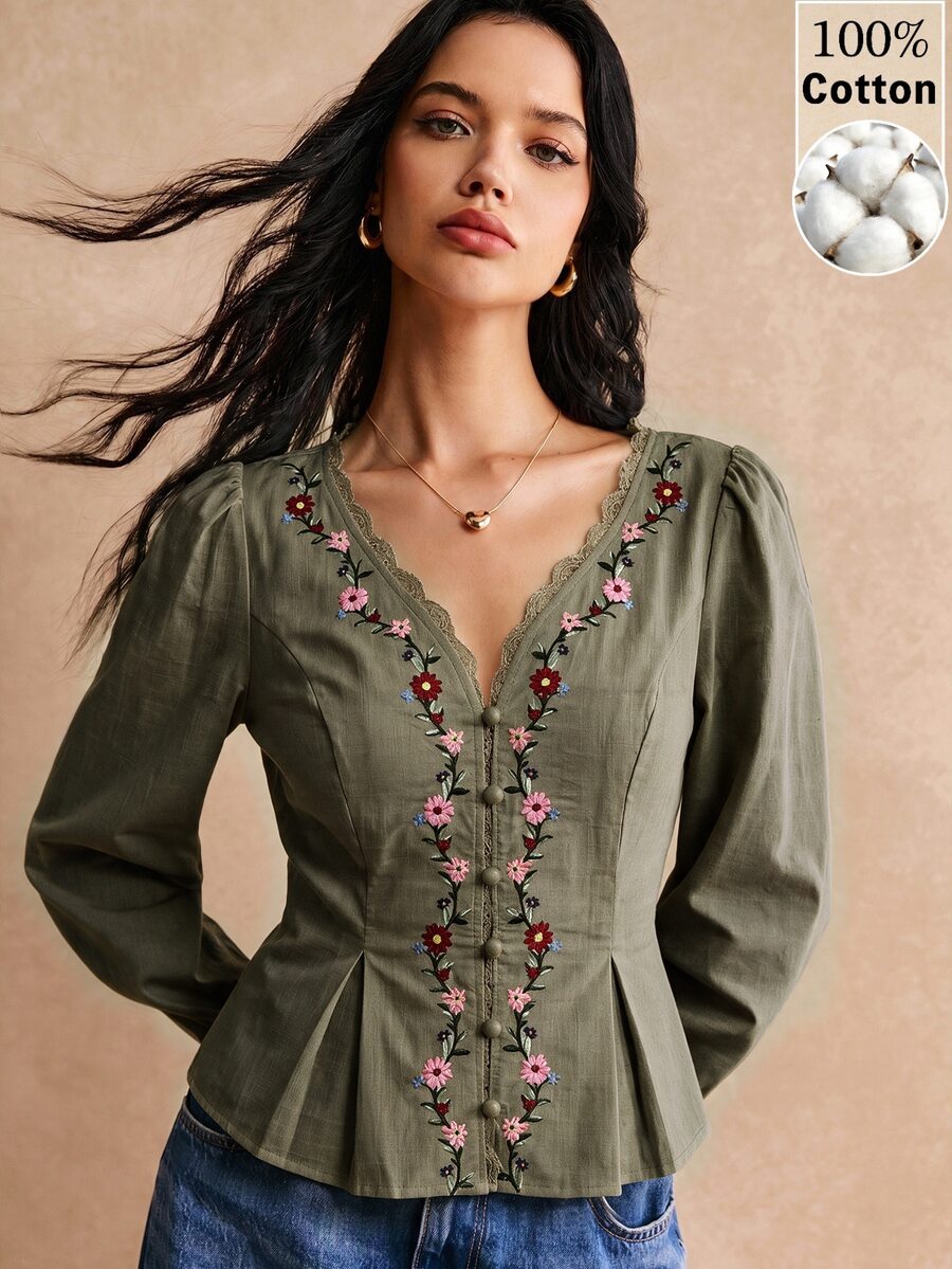 Poéselle 女款優雅通勤花卉刺繡收腰襯衫 - 軍綠色 - 查看 1