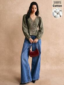 Poéselle 女款優雅通勤花卉刺繡收腰襯衫 - 軍綠色 - 查看 3