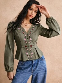 Poéselle 女款優雅通勤花卉刺繡收腰襯衫 - 軍綠色 - 查看 7