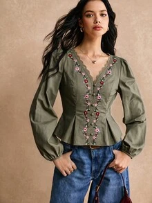 Poéselle 女款優雅通勤花卉刺繡收腰襯衫 - 軍綠色 - 查看 4