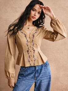 Poéselle Women's Lace Patchwork Floral Embroidery Pattern Casual Daily Wear Shirt - Khaki - View 5