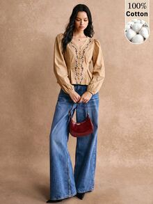 Poéselle Women's Lace Patchwork Floral Embroidery Pattern Casual Daily Wear Shirt - Khaki - View 3