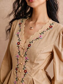 Poéselle Women's Lace Patchwork Floral Embroidery Pattern Casual Daily Wear Shirt - Khaki - View 6