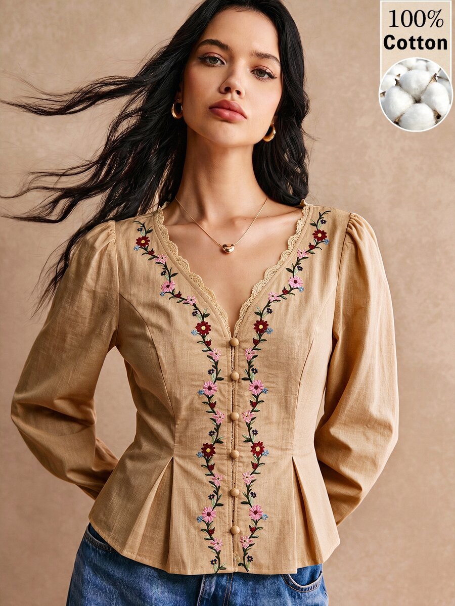 Poéselle Women's Lace Patchwork Floral Embroidery Pattern Casual Daily Wear Shirt - Khaki - View 1