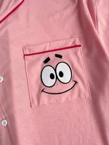 SpongeBob SquarePants | SHEIN Men's Funny Cartoon Print Trim Short Sleeve Shirt And Shorts Pajama Set, Summer - Watermelon Pink - View 5