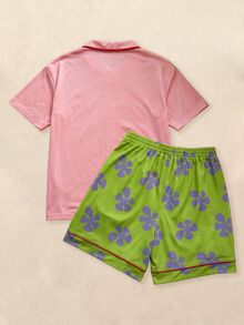 SpongeBob SquarePants | SHEIN Men's Funny Cartoon Print Trim Short Sleeve Shirt And Shorts Pajama Set, Summer - Watermelon Pink - View 2