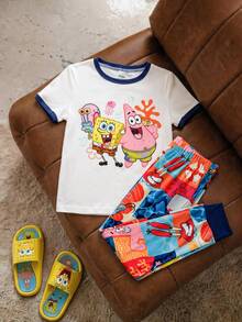 SpongeBob SquarePants | SHEIN Young Boy Cartoon Print Trim Short Sleeve T-Shirt And Leggings Pajama Set, Suitable For Spring, Summer And Autumn - White - View 9