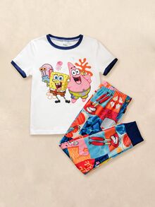SpongeBob SquarePants | SHEIN Young Boy Cartoon Print Trim Short Sleeve T-Shirt And Leggings Pajama Set, Suitable For Spring, Summer And Autumn - White - View 1
