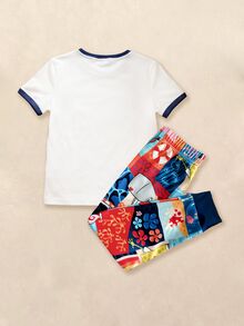 SpongeBob SquarePants | SHEIN Young Boy Cartoon Print Trim Short Sleeve T-Shirt And Leggings Pajama Set, Suitable For Spring, Summer And Autumn - White - View 2