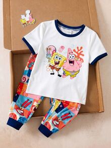 SpongeBob SquarePants | SHEIN Young Boy Cartoon Print Trim Short Sleeve T-Shirt And Leggings Pajama Set, Suitable For Spring, Summer And Autumn - White - View 3