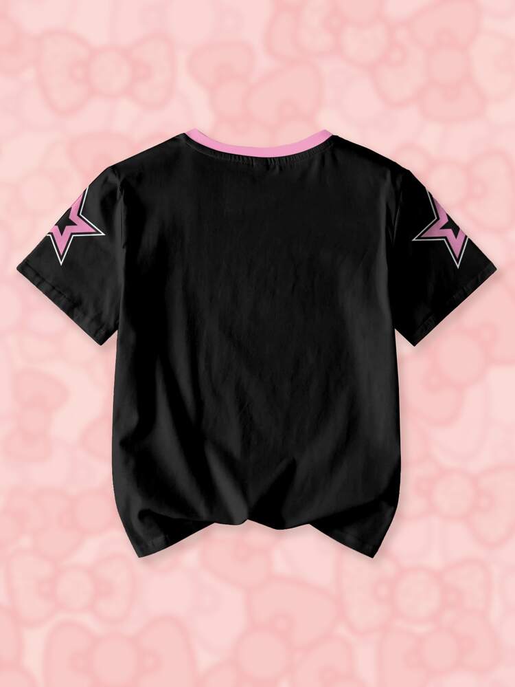 HELLO KITTY AND FRIENDS | SHEIN 青少年女孩字母卡通印花休閒日常短袖T恤 - 白色 - 查看 2