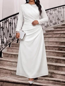 Fleurora Plus Size Women's Solid Color Pleated Casual Party Summer Dress Fall - White - View 1