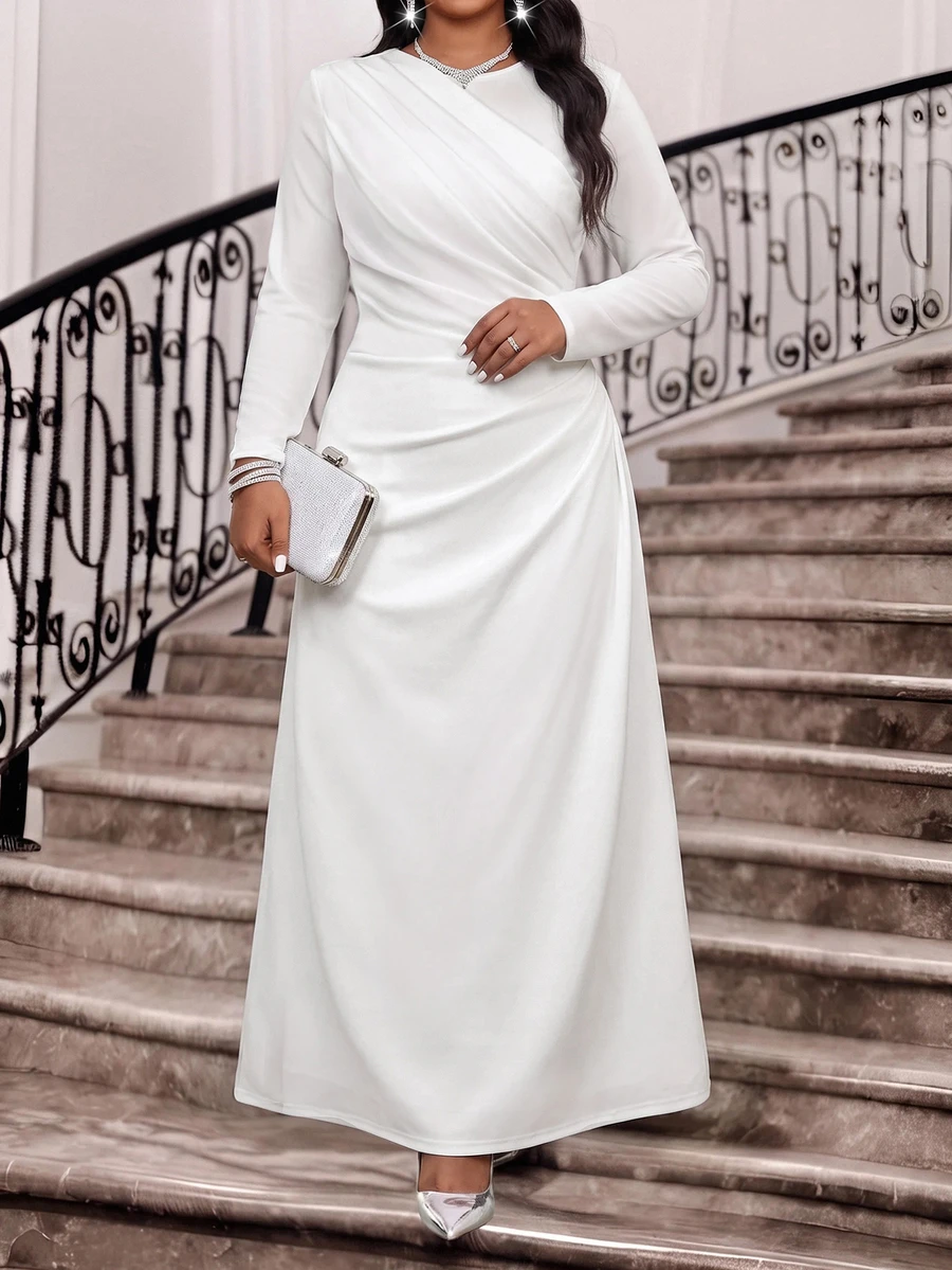 Fleurora Plus Size Women's Solid Color Pleated Casual Party Summer Dress Fall - White - View 1