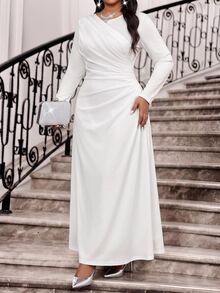Fleurora Plus Size Women's Solid Color Pleated Casual Party Summer Dress Fall - White - View 3