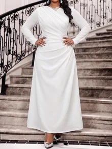 Fleurora Plus Size Women's Solid Color Pleated Casual Party Summer Dress Fall - White - View 5