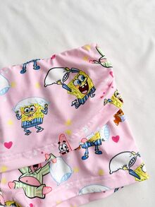 SpongeBob SquarePants | SHEIN 女士卡通印花褶皱吊带背心和短裤休闲家居服睡衣套装 - 淺粉色 - 查看 6