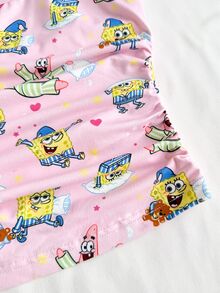 SpongeBob SquarePants | SHEIN 女士卡通印花褶皱吊带背心和短裤休闲家居服睡衣套装 - 淺粉色 - 查看 5
