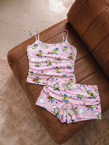 SpongeBob SquarePants | SHEIN 女士卡通印花褶皱吊带背心和短裤休闲家居服睡衣套装 - 淺粉色 - 查看 3