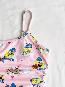 SpongeBob SquarePants | SHEIN 女士卡通印花褶皱吊带背心和短裤休闲家居服睡衣套装 - 淺粉色 - 查看 4
