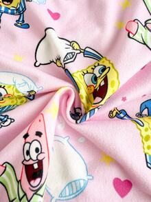 SpongeBob SquarePants | SHEIN 女士卡通印花褶皱吊带背心和短裤休闲家居服睡衣套装 - 淺粉色 - 查看 7