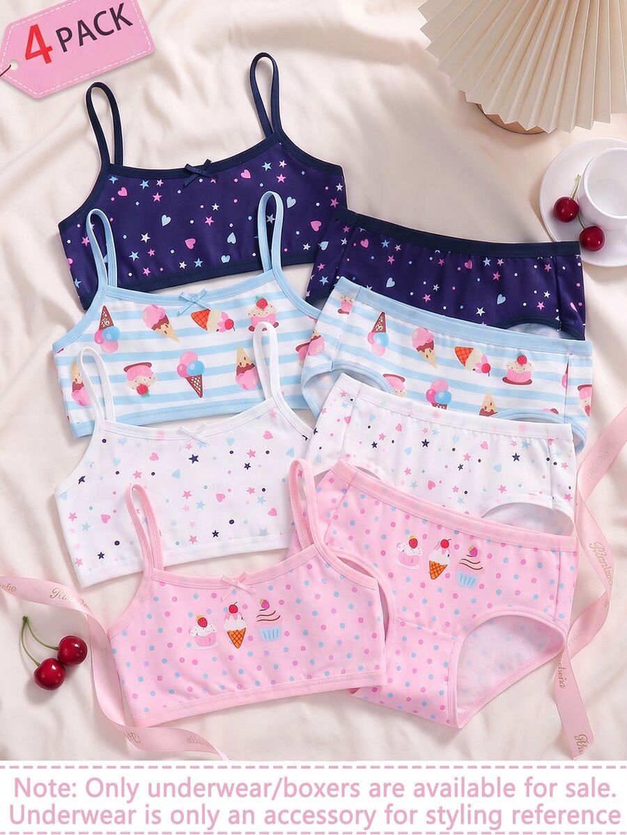 SHEIN 4件組女童幼兒內褲,甜點蛋糕印花組合系列,白色,柔軟光滑質感,針織布料,高彈性內褲套裝 - 彩色 - 查看 1