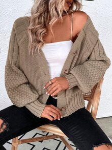 SHEIN LUNE Women's Long Sleeve Single-Breasted Casual Loose Cardigan - Brown - View 4
