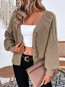 SHEIN LUNE Women's Long Sleeve Single-Breasted Casual Loose Cardigan - Brown - View 6