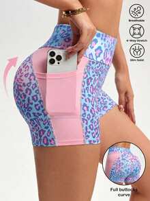 SHEIN Core Rhythm 女款豹紋時尚肌肉運動口袋多功能運動短褲 健身運動 嬰兒藍 夏季 - 彩色 - 查看 3